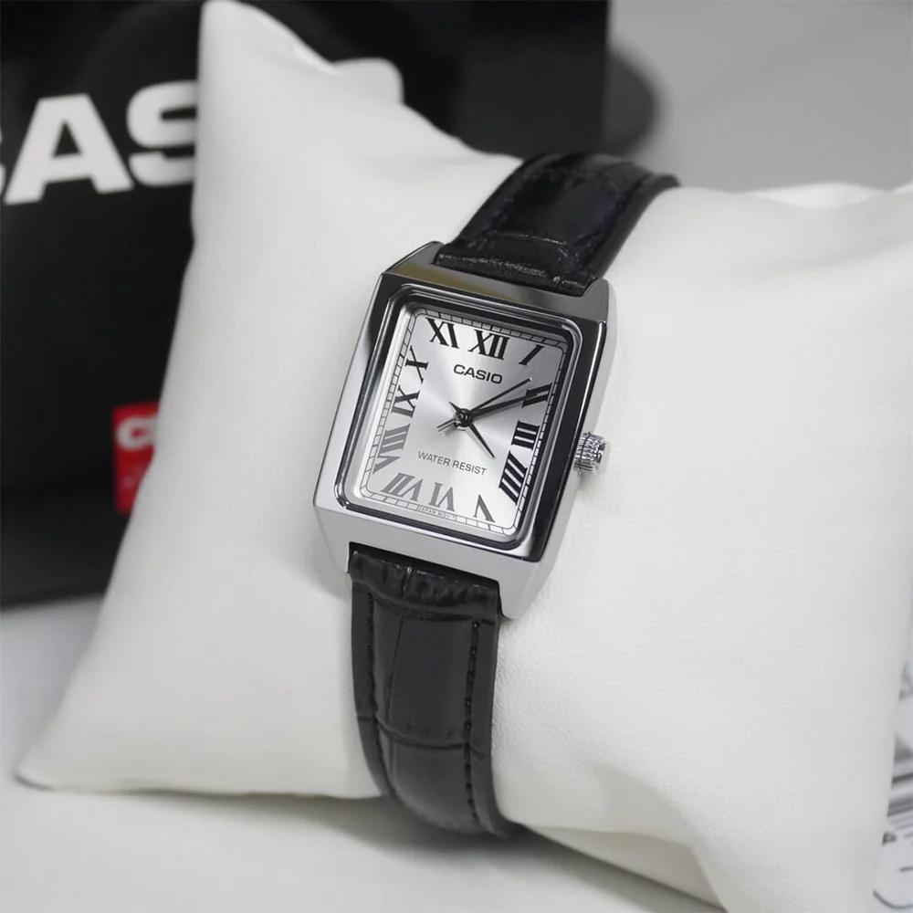 Casio LTP-V007L · Cuero negro / Cara blanca