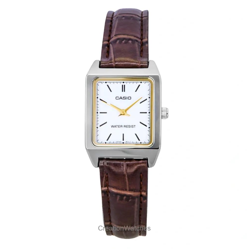 Casio LTP-V007L · Cuero marron / Cara blanca